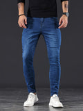 kkboxly  Chic Skinny Medium Stretch Jeans, Men's Casual Street Style Distressed Denim Pants