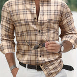 Classic Plaid Pattern Men's Slim Fit Long Sleeve Button Up Shirt, Male Spring Fall Fashion Top