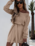 kkboxly  One Shoulder Sweatshirt Dress, Casual Tie Waist Long Sleeve Solid Dress, Women's Clothing