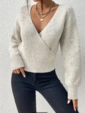 kkboxly  Solid Surplice Neck Knit Sweater, Casual Long Sleeve Sweater, Women's Clothing