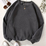 kkboxly  Plus Size Casual Sweatshirt, Women's Plus Solid Liner Fleece Long Sleeve Crew Neck Slight Stretch Pullover Sweatshirt, Casual Tops For Fall & Winter, Plus Size Women's Clothing