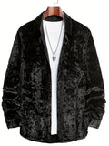 kkboxly  Solid Fuzzy Comfy Men's Long Sleeve Lapel Shirt Jacket, Party Style, Fall Winter Trendy Outwear