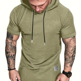 kkboxly  Plus Size Men's Basic Short Sleeve Hooded T-shirt, Summer Comfy Tops With Drawstring