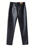 kkboxly  Classic Design Fleece Pu Pants, Men's Casual Straight Leg Solid Color Biker Faux Leather Pants For Fall Winter