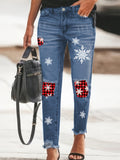 Stylish Ripped Denim Jeans - Women Jeans with Christmas Snowflake & Plaid Print Fringe Trim, High Rise, Button Fly, Tapered Leg, Comfortable Denim Pants for Casual Wear