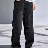 kkboxly Men's Wide Leg Jeans, Casual Street Style Distressed Denim Pants