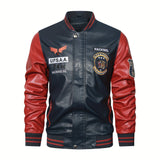 kkboxly  Men's Casual Pockets "R" Print Zipper Long Sleeves Baseball Collar PULeather Jacket