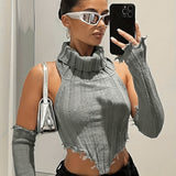 kkboxly  Backless Turtle Neck Top, Sexy Raw Trim Hanky Hem Crop Knit Top With Arm Sleeve, Women's Clothing