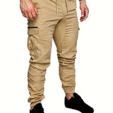 kkboxly  Casual Side Flap Pockets Drawstring Woven Joggers, Men's Cargo Pants For Spring Fall Outdoor