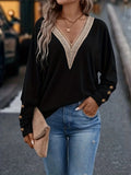 kkboxly  Contrast Lace V Neck Button Sweatshirt, Casual Long Sleeve Sweatshirt, Women's Clothing