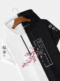 kkboxly kkboxly Flower And Japanese Letter Print Men's Casual Color Block Short Sleeve Hooded T-shirt With Drawstring For Summer Outdoor