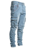 kkboxly  Multi Pocket Slim Fit Jeans, Men's Casual Street Style Distressed Denim Pants