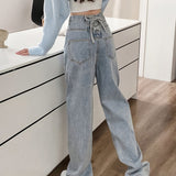 kkboxly  Lace Up Back High Waist Straight Jeans, Y2k Washed Loose Wide Leg Denim Pants, Women's Denim Jeans & Clothing