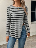 2025 kkboxly  Stripe Print Slit Hem T-Shirt, Casual Long Sleeve Top For Spring & Fall, Women's Clothing