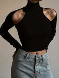 kkboxly Cold Shoulder Mock Neck Knitted Sweater, Casual Solid Long Sleeve Sweater, Women's Clothing