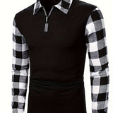 kkboxly  Retro Plaid Shirt, Men's Casual V-Neck Pullover Long Sleeve Rugby Shirt For Winter Fall, Men's Clothing