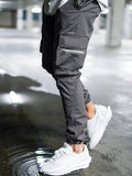 kkboxly  Solid Color Men's Chic Daily Long Drawstring Footed Cargo Pants With Zipper Pockets, Spring Fall Outdoor