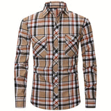 kkboxly Men's Formal Classic Design Plaid Print Button Up Long Sleeve Shirt With Chest Pocket, Male Clothes For Spring And Fall Business Occasion