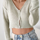 kkboxly  Solid Cropped Knit Cardigan, Casual Button Front Long Sleeve Sweater, Women's Clothing