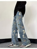 Men's Floral Print Denim Trousers With Pockets, Causal Breathable Cotton Blend Straight Leg Jeans For Outdoor Activities