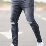 kkboxly  Slim Fit Ripped Jeans, Men's Casual Street Style Distressed Mid Stretch Denim Pants For Spring Summer