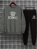 kkboxly  KING Print, Men's 2Pcs Outfits, Casual Crew Neck Long Sleeve Pullover Sweatshirt And Drawstring Sweatpants Joggers Set For Spring Fall, Men's Clothing