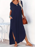 kkboxly  Short Sleeve Maxi Dress, Crew Neck Side Slit Casual Dress For Summer & Spring, Women's Clothing