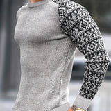 kkboxly  Waffle Trendy Patchwork Sweatshirt, Men's Casual Ethnic Pattern Sleeves Crew Neck Sweatshirt For Men Fall Winter