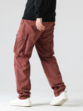 kkboxly  Men's Trendy Solid Cargo Pants With Multi Pockets, Casual Straight Leg Loose Fit Trousers For Outdoor