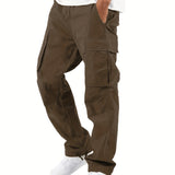 kkboxly  Solid Cotton Blend Multi Flap Pockets Men's Straight Leg Cargo Pants, Loose Casual Outdoor Pants, Men's Work Pants For Hiking Fishing Angling