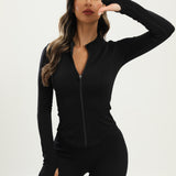 kkboxly  Black Full-zipper Yoga Jacket, Long Sleeve Hollow Out Slim Fitted Sports Top, Women's Activewear