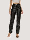 PU Leather Solid Pants, Elegant High Waist Comfy Pants For All Season, Women's Clothing