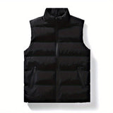 kkboxly  Warm Winter Vest, Men's Casual Zipper Pockets Stand Collar Zip Up Vest For Fall Winter