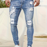 kkboxly  Slim Fit Ripped Jeans, Men's Casual Street Style Distressed Medium Stretch Denim Pants