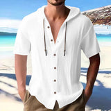 KKBOXLY 2025 men's solid color casual short-sleeved shirt hooded drawstring cotton and linen cardigan trendy versatile loose versatile T-shirt