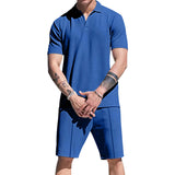 2025KKBOXLY  new men's summer waffle lapel solid color thin casual PoloV neck T-shirt shorts two sets