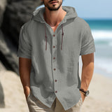 KKBOXLY 2025 men's casual sports long-sleeved shirt versatile trend cotton and linen short-sleeved hooded drawstring cardigan loose T-shirt