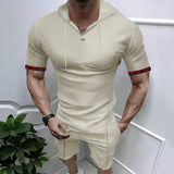 2025KKBOXLY popular  Summer New  Hooded Waffle T-Shirt Men's Sports Casual Short Sleeve Shorts Set