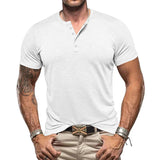 KKBOXLY 2025 2025 summer new  men's retro bamboo joint Henry buckle casual solid color large size short-sleeved T-shirt men