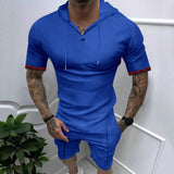 2025KKBOXLY popular  Summer New  Hooded Waffle T-Shirt Men's Sports Casual Short Sleeve Shorts Set