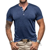 KKBOXLY 2025 2025 summer new  men's retro bamboo joint Henry buckle casual solid color large size short-sleeved T-shirt men