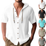 KKBOXLY 2025 men's solid color casual short-sleeved shirt hooded drawstring cotton and linen cardigan trendy versatile loose versatile T-shirt