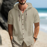 KKBOXLY 2025 men's casual sports long-sleeved shirt versatile trend cotton and linen short-sleeved hooded drawstring cardigan loose T-shirt