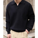 kkboxly  Solid Color Retro Chic Knit Shirt, Men's Casual Lapel High Stretch V-Neck Pullover Sweater For Spring Fall