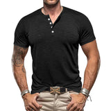 KKBOXLY 2025 2025 summer new  men's retro bamboo joint Henry buckle casual solid color large size short-sleeved T-shirt men