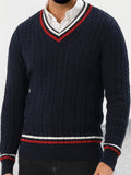 kkboxly  All Match Knitted Sweater, Men's Casual Warm Slightly Stretch V Neck Pullover Sweater For Fall Winter College Varsity