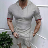 2025KKBOXLY popular  Summer New  Hooded Waffle T-Shirt Men's Sports Casual Short Sleeve Shorts Set