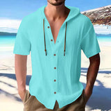 KKBOXLY 2025 men's solid color casual short-sleeved shirt hooded drawstring cotton and linen cardigan trendy versatile loose versatile T-shirt