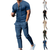 KKBOXLY 2025 New  new men's suit summer two-piece set high-end trend stand-up collar solid color short-sleeved suit