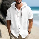 KKBOXLY 2025 men's casual sports long-sleeved shirt versatile trend cotton and linen short-sleeved hooded drawstring cardigan loose T-shirt